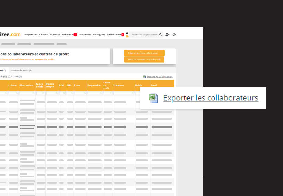 Interface d'exports de données